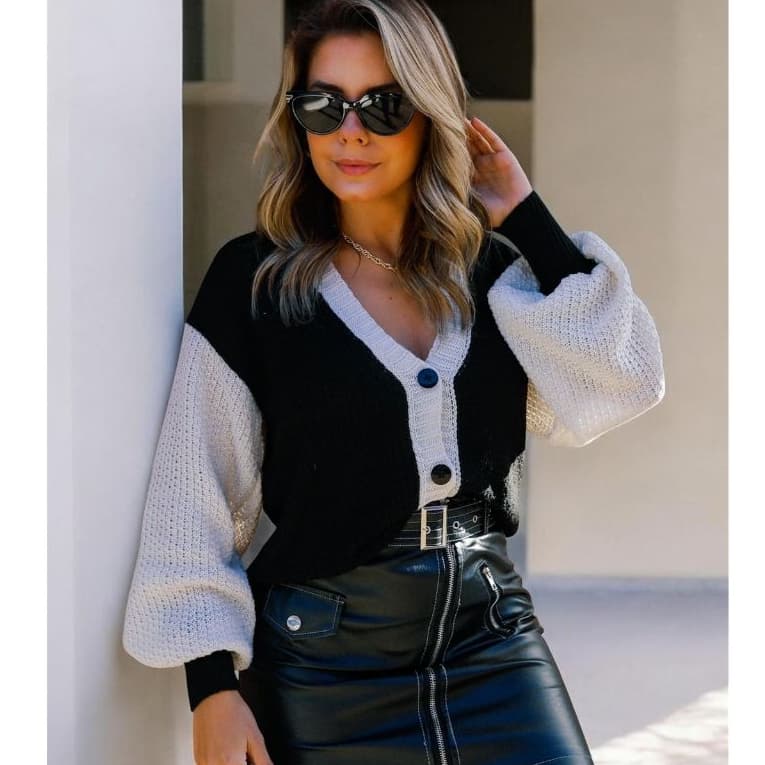 Casaco Cardigan Curto Inverno Tricot Botão Manga Bufante Duas Cores Estiloso