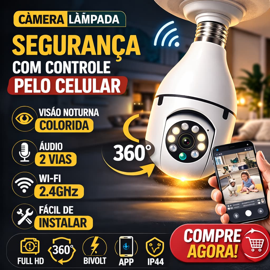 Câmera Lâmpada WiFi 360° Full HD Com Visão Noturna IP Segurança Câmera Wifi Bivolt Áudio App 1080p