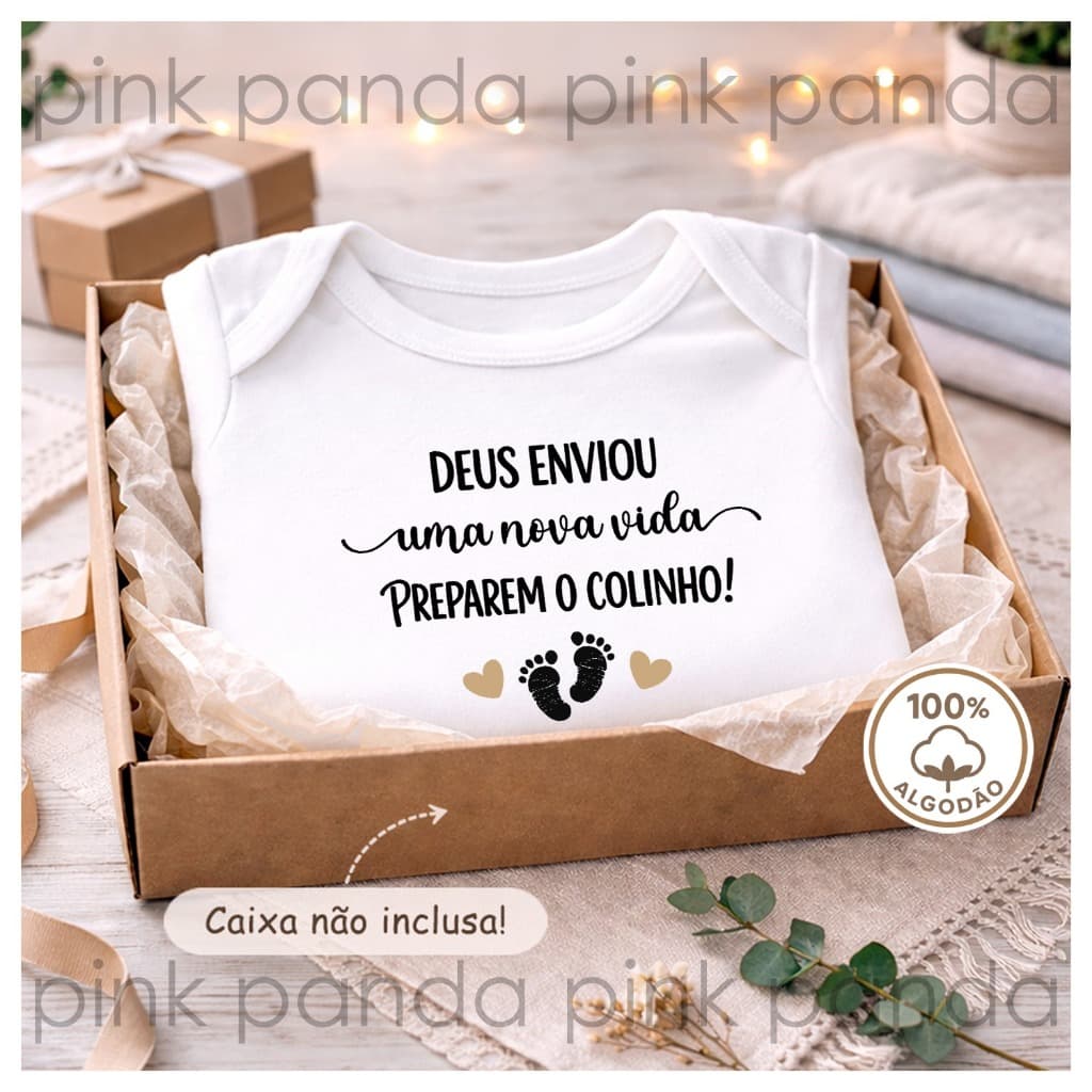 Body Bebê Revelação Anúncio de Gravidez Frase "Deus Enviou Uma Nova Vida Preparem o Colinho"