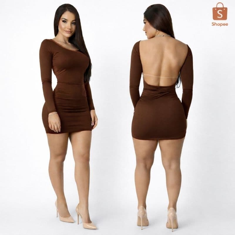 Vestido Manga Longa Costa Nua Suplex Outono Inverno Tendência Elegante