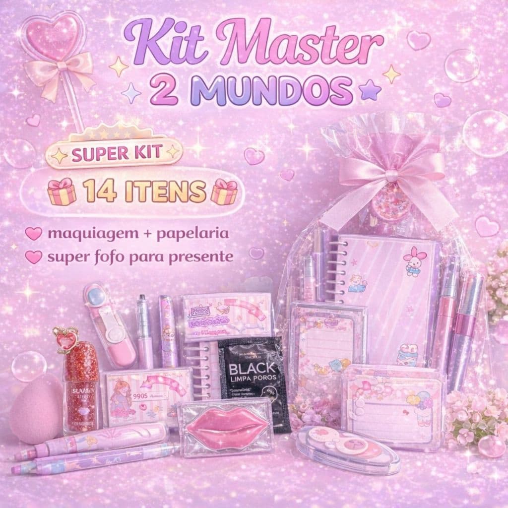 Kit papelaria Master 2 Mundos com 14 Itens – Maquiagem + Papelaria Fofa | Gloss, Blush, Rímel, Canetas,| Presente fofo
