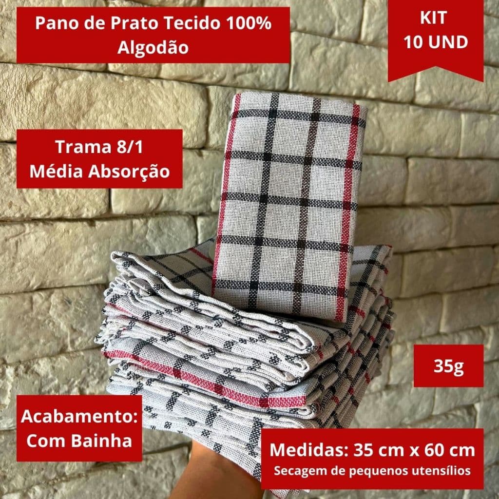Kit 10 Pano de Prato Xadrez Barato 100% Algodão - Pano de Pia 35x60 - Prático, Moderno, Preço Bom