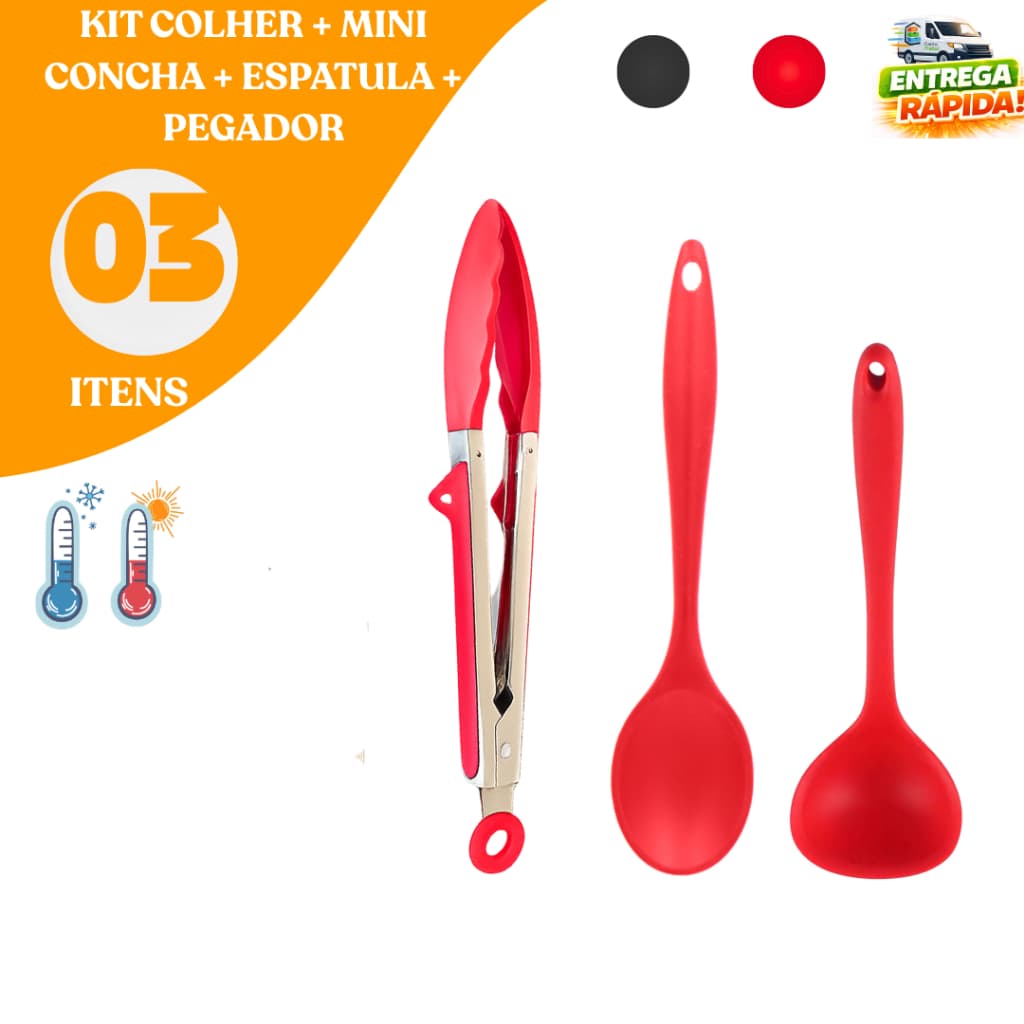 Kit 3 Utensílios de Cozinha Silicone Colher Espátula Concha Pegador Antiaderente Alta Resistência