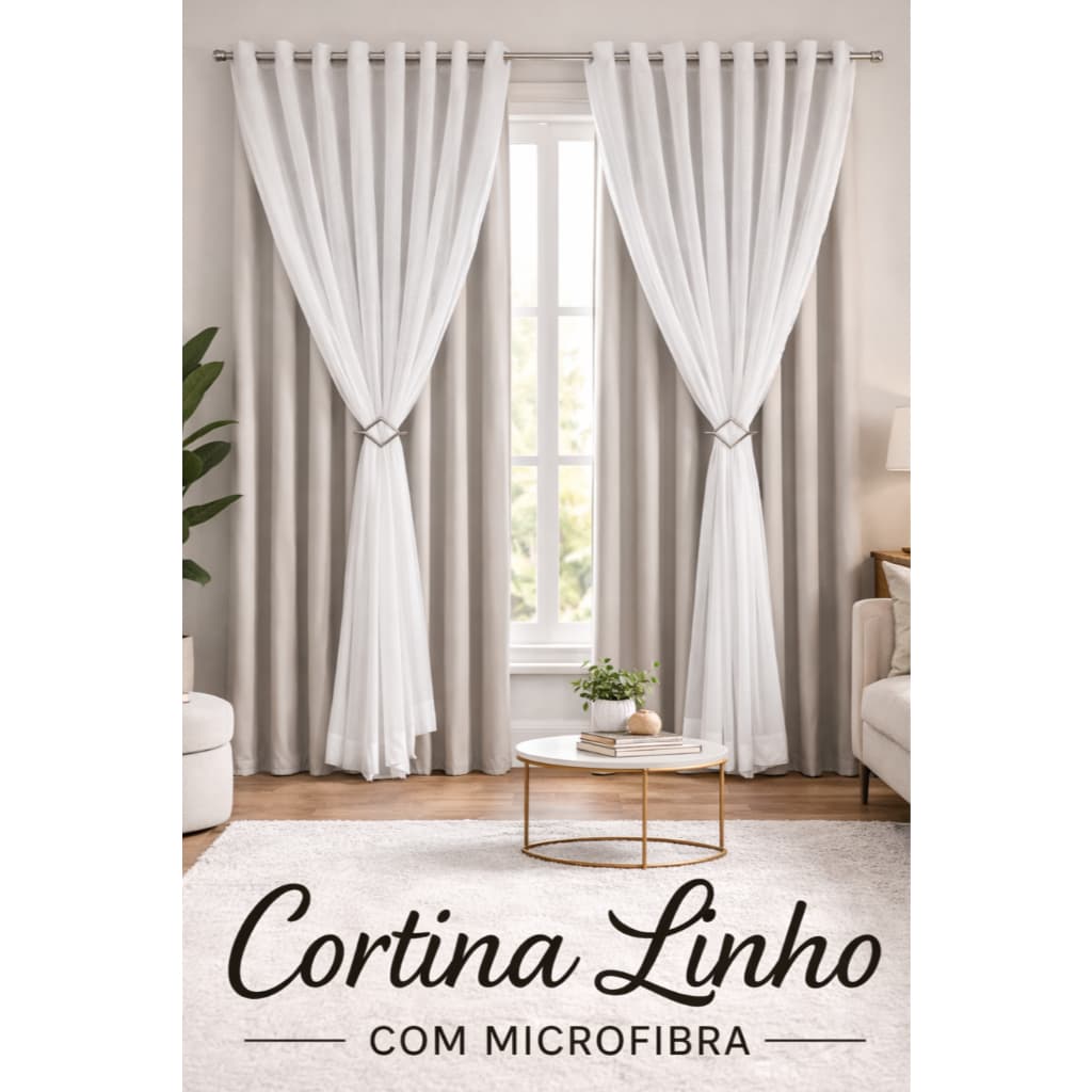 Cortina Linho com Forro Microfibra 4 Metros Sala Quarto Ilhós Cromado Luxo Longa Dupla