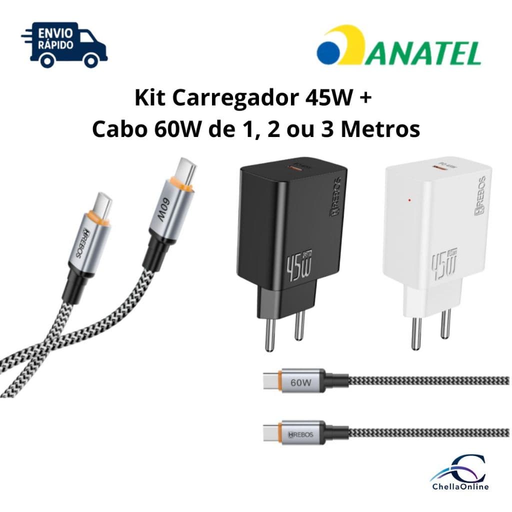 KIT CARREGADOR RÁPIDO TIPO-C 45W CRG-226 COM CABO 60W CEOSLINK TIPO-C HREBOS PREMIUM