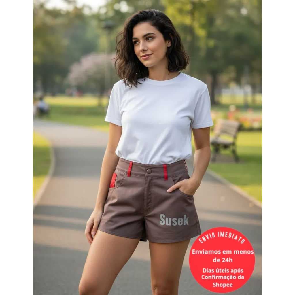 Short Sarja Feminino Detalhes Coloridos Estilo Descontraído Moda Casual Moderno 002