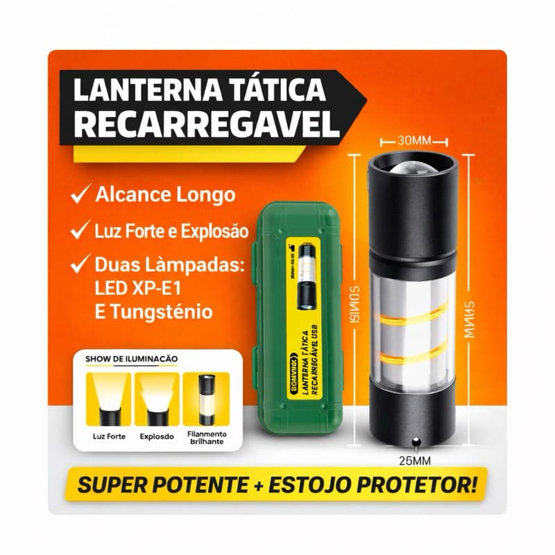 Lanterna LED Potente Recarregável USB com Zoom para Emergência