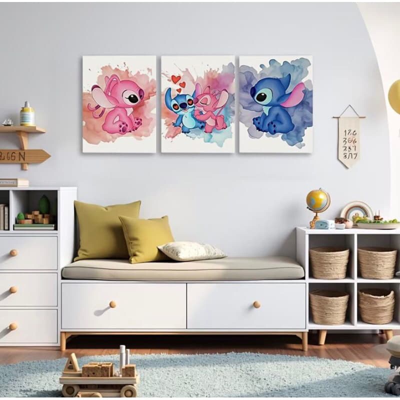 Kit 3 Quadros Stith Infantil Aquarela – Decoração para Quarto de Bebê, Menina e Menino