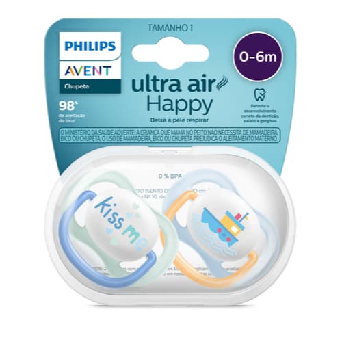 Kit 2 Chupeta Avent Ultra Air Dupla Bebê Menino Bico Silicone Simétrico C/ Caixa Esterilizadora Chupetas Avent