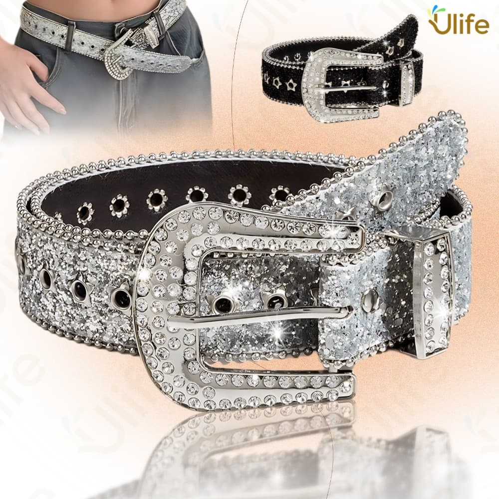 Cinto Com Strass Country Cowboy Feminino Fivela Metal Cor Preto Prata Tamanho Aprox. 105cm-UF