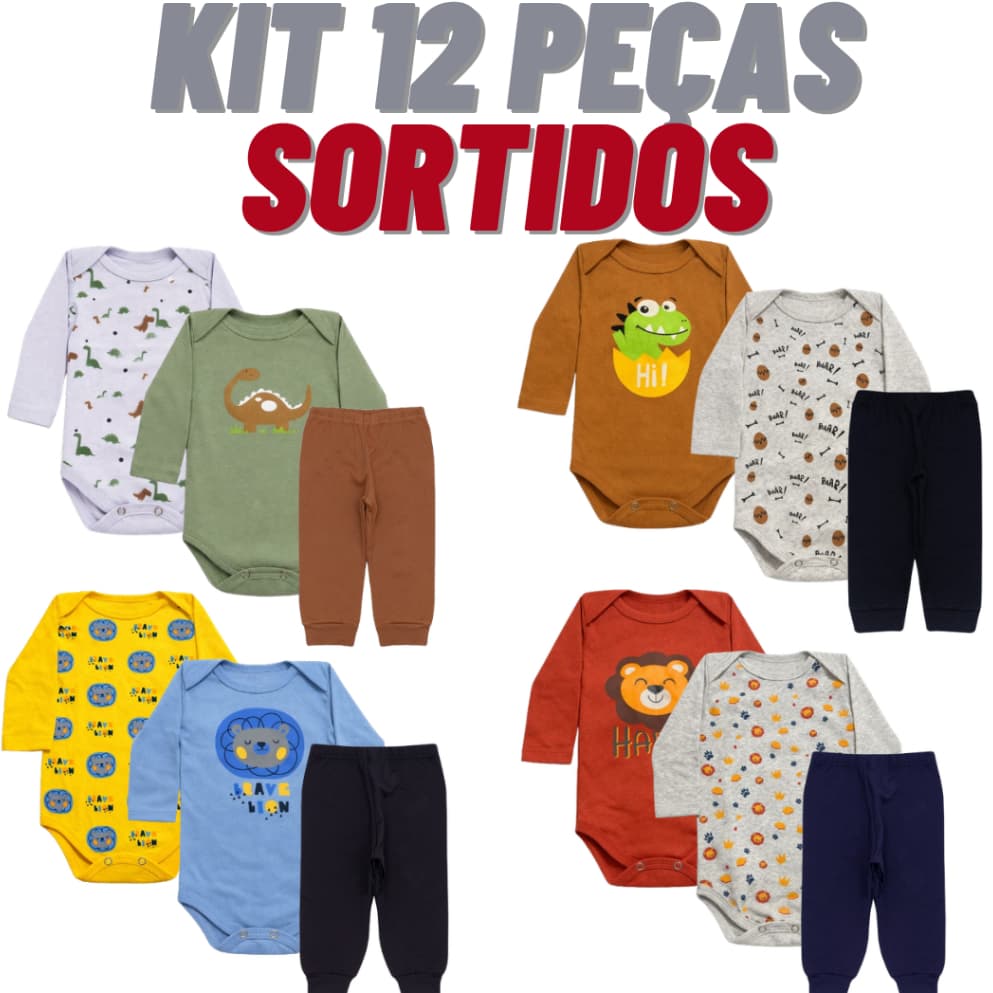Kit Roupa De Bebe 12 Peças Body Manga Longa E Mijão Algodão Menino ou Menina