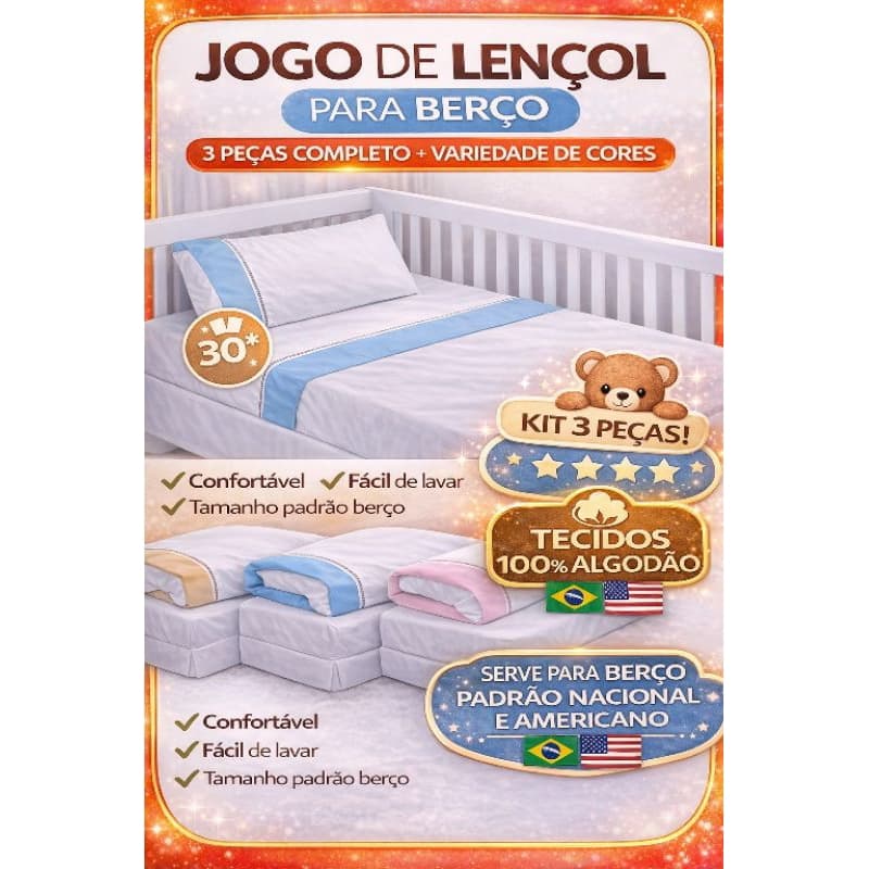 Jogo de Lençol Berço 3 Peças 200 fios 100% Algodão com Elástico | Padrão Nacional e Americano | Macio e Confortável