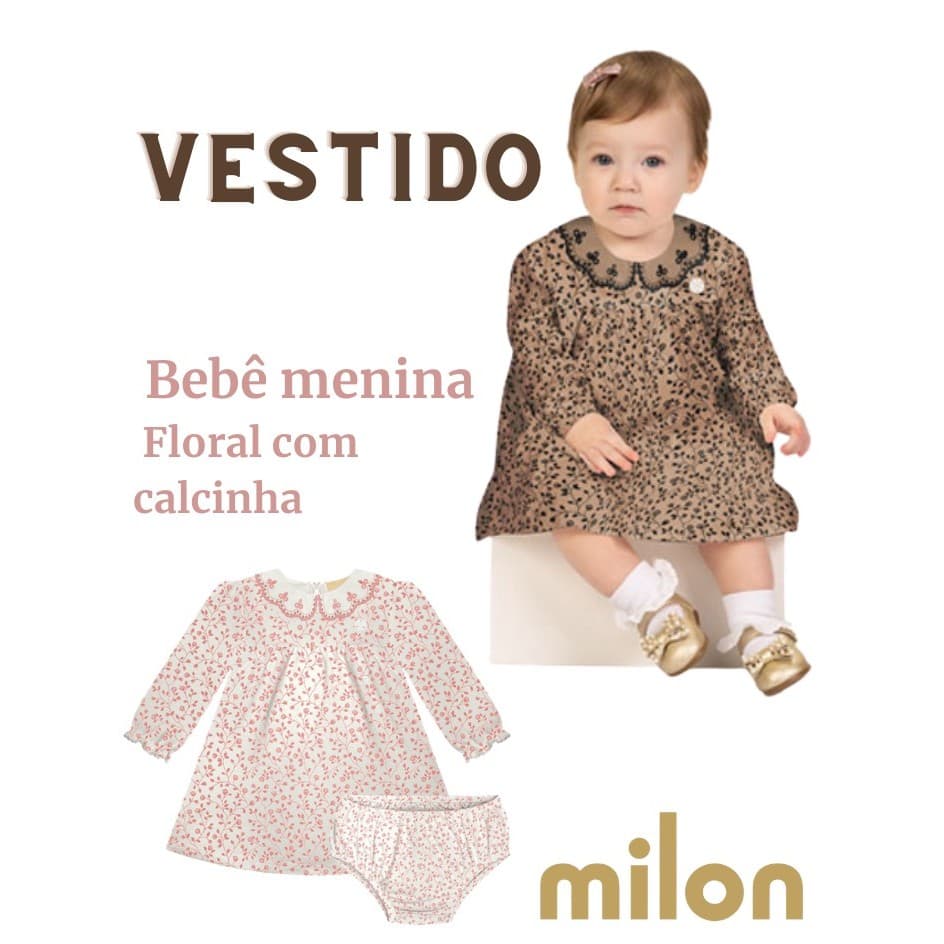 Vestido com Calcinha Bebê Menina Flores Milon ref 2001417 Manga Comprida Coleção outono inverno 2026
