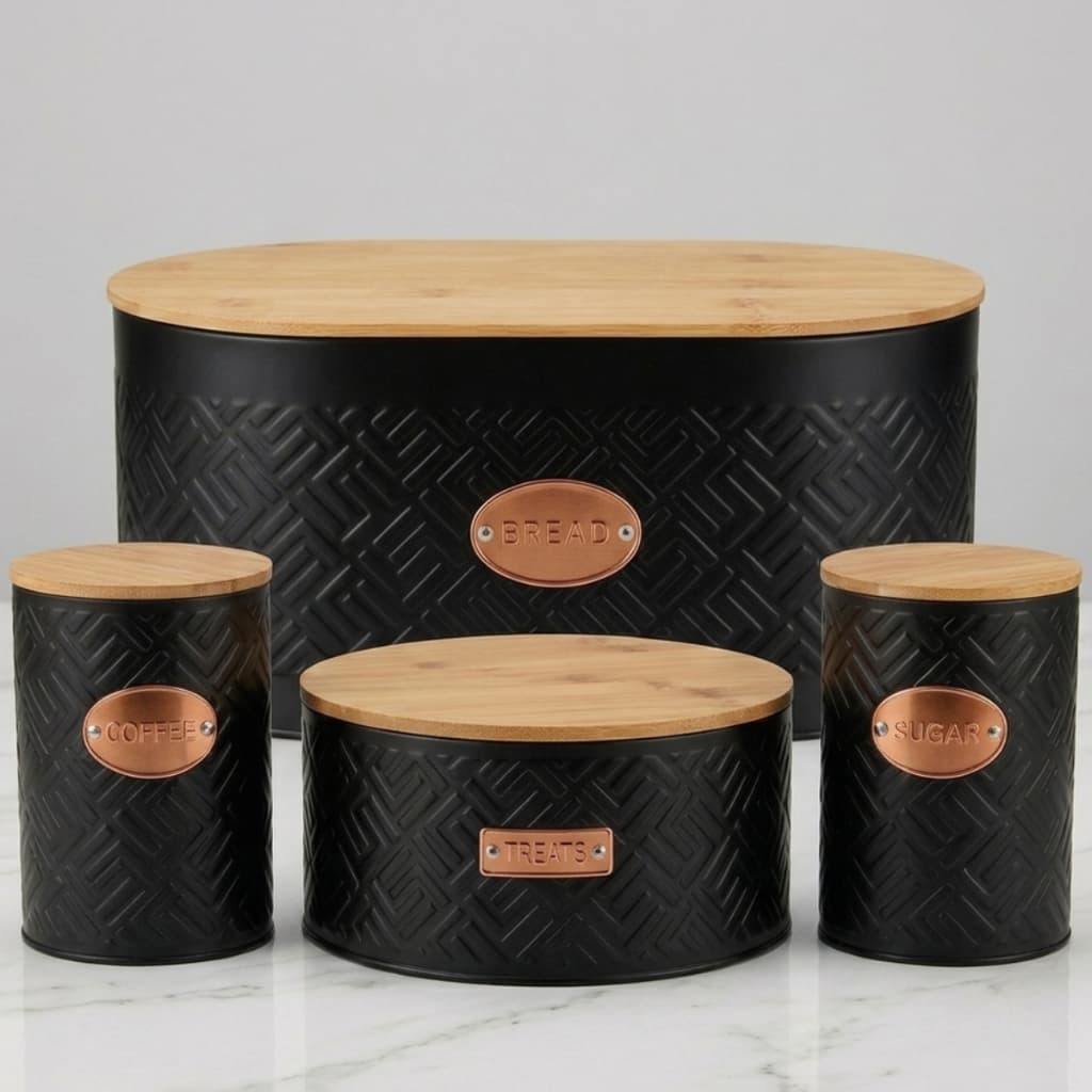 Kit Porta Biscoito, Pão, Açúcar, Café Metal Preto e Bambu