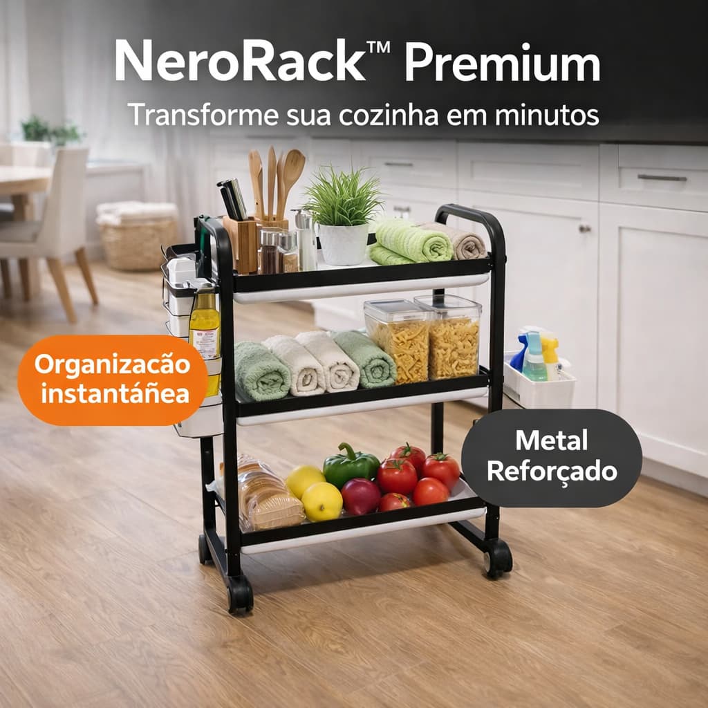 NeroRack™ Premium Organizador Cozinha 3 Andares com Rodinhas Metal Resistente Prateleira Compacto