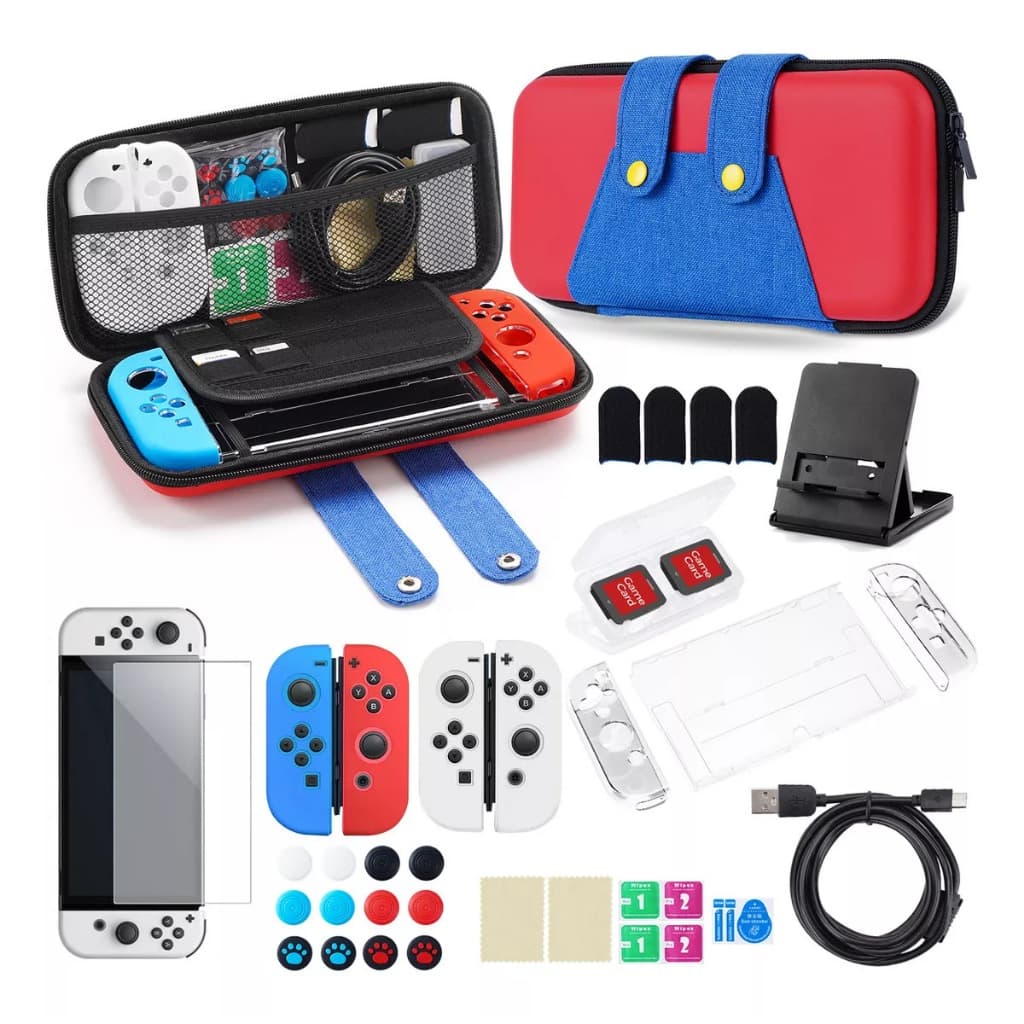 Kit Para Nintendo Switch Estojo Mario + Película + Grip + Mesa Suporte, Anti Impacto Case com Suporte 10 De Cartão