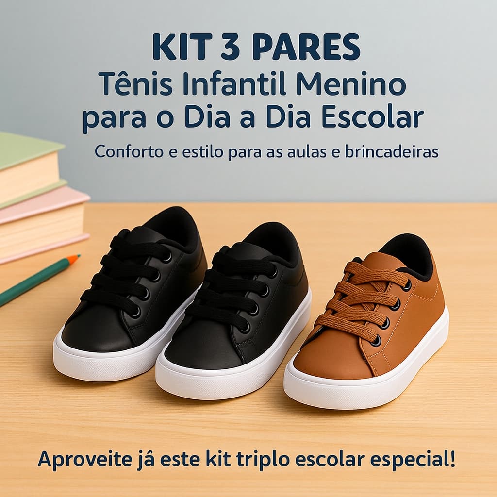 Kit 3 Tênis Menino Calce Fácil | Conforto e Estilo Para as Aulas e Dia a Dia 25 - 36 | APROVEITE JÁ!