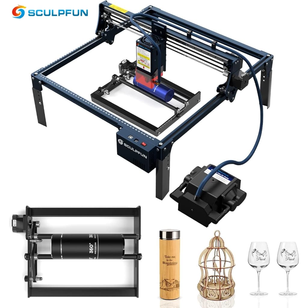 SCULPFUN S30 Pro Max Gravadora a Laser Automática de 20W com Assistência Pneumática + Conjunto de Rolos Rotativos