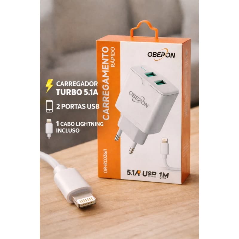 Kit Carregador Turbo 5.1A fonte c 2 entradas USB+ l1 Cabos Lightning iPhone 1m Carga Rápida | Bivolt | Compatível iPhone