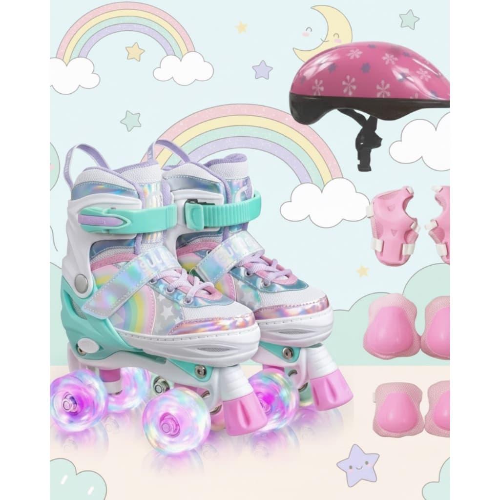 Patins infantil Arco Íris + kit de ProteçãocAjuste de tamanho rodas q brilham arco iris