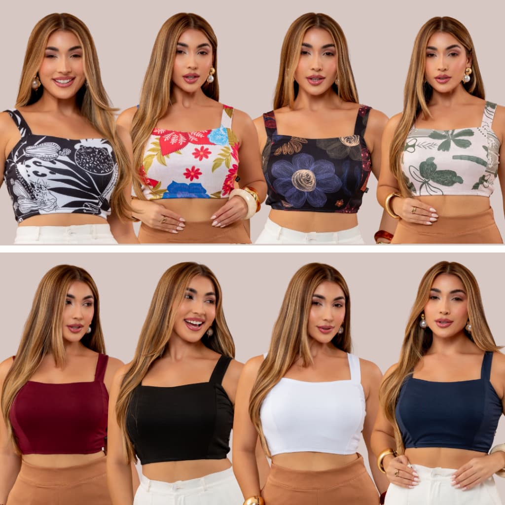Kit 8 Cropped Top Feminino Estampado Forro Duplo Suede Alça Larga Liso Básico Alta Elasticidade