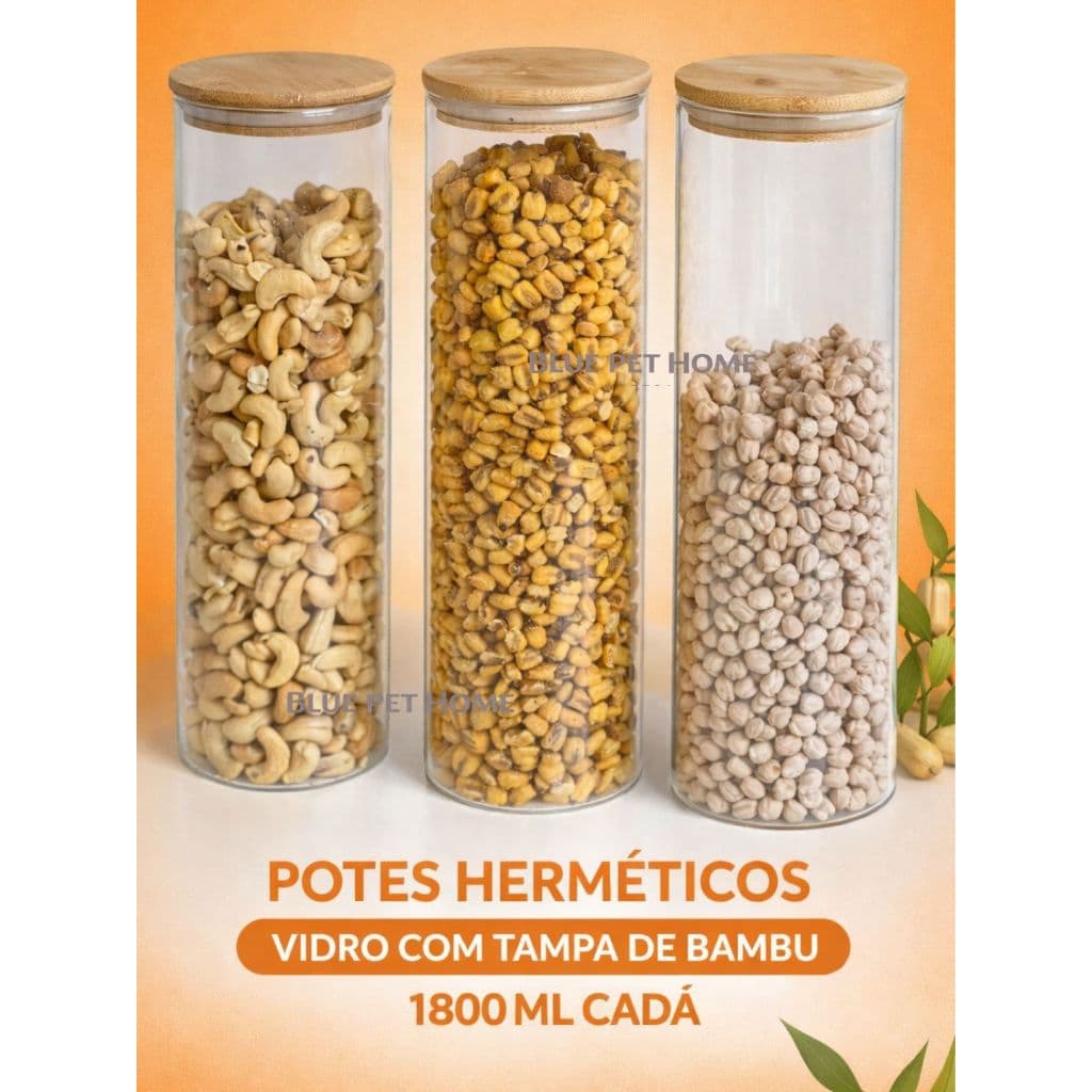 Pote 1800 ml Hermético de Vidro com Tampa em Bambu - Cozinha Despensa Organizada
