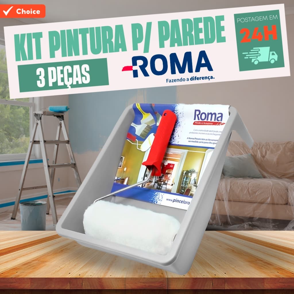 Kit Pintura Parede 3 Peças Roma  -  Rolo De Pintura Para Parede 23cm + Cabo para Rolo + Bandeja
