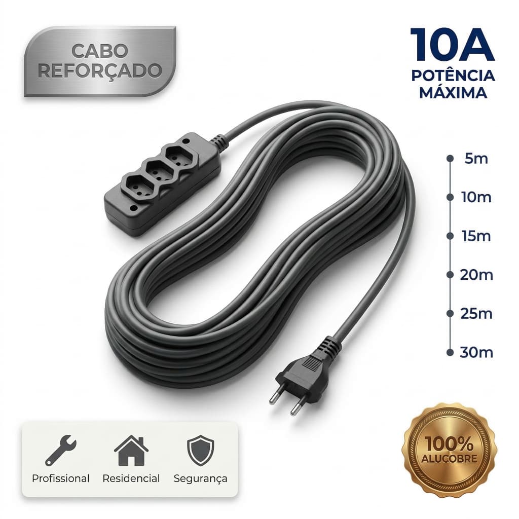Extensão Elétrica Cabo PP 2x2,5mm 10A/20A 10m a 30m Reforçada