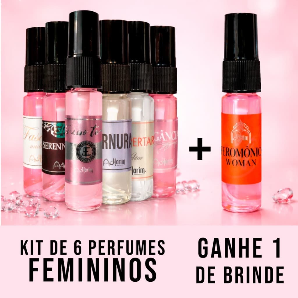 Kit 6 Perfume Árabe Feminino 15ml + Perfume Feromônios Harim Eau de Parfum Alta Fixação e Projeção