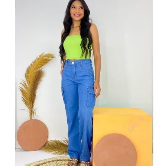 Calça Cargo Feminina Wide Leg Jeans Juvenil bolso Cargo.