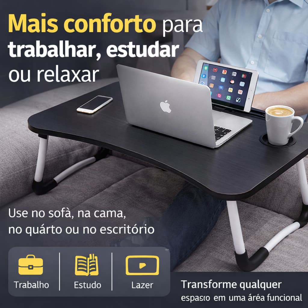 Mesa Notebook Multiuso Dobrável Preta 60x40cm com Porta Copo e Suporte para Tablet
