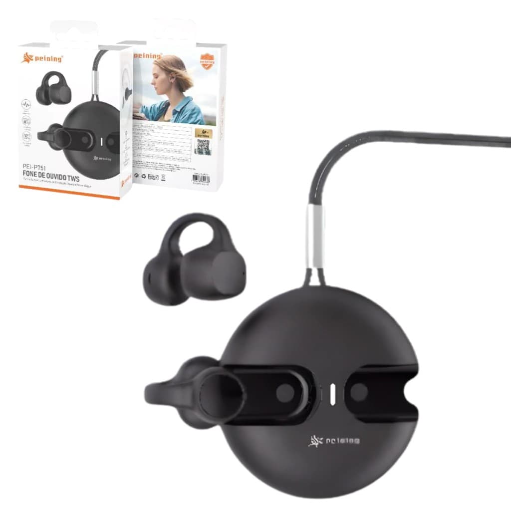 FONE DE OUVIDO TWS BLUETOOTH C/ CONDUSSÃO ÓSSEA PRETO BRANCO FORMATO BRINCO ACADEMIA TREINO PEI-P751