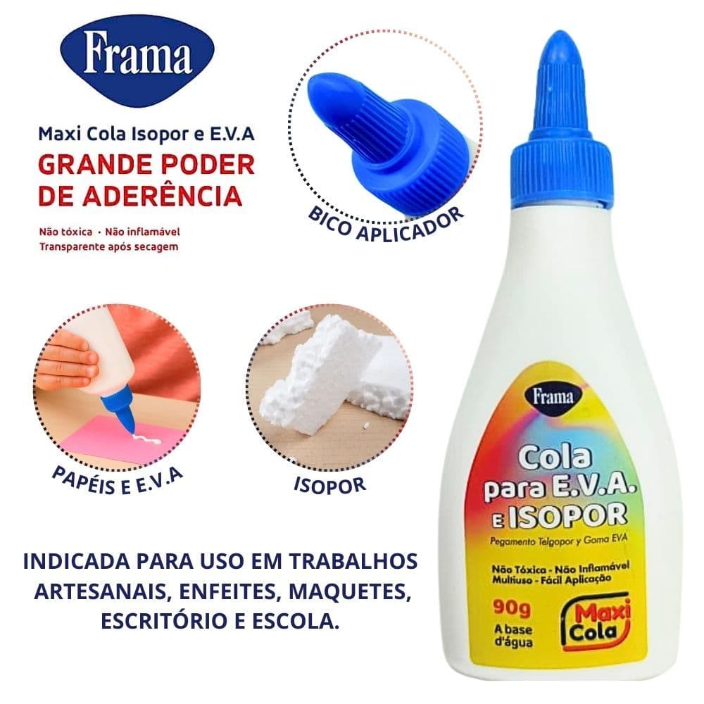 Cola Branca Líquida P/ Isopor e E.V.A 90g Maxi Cola Escolar Artesanato - Frama