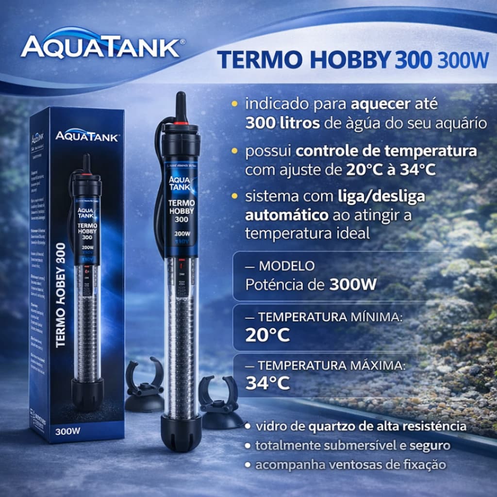Aquatank Termostato 300W Aquecimento de Aquário até 300 Litros Termo Aqua