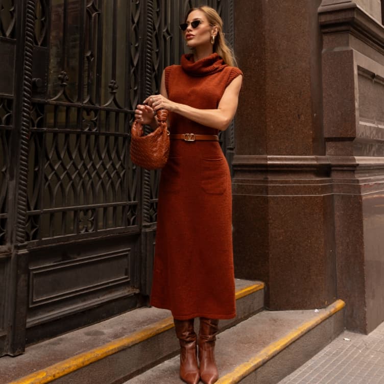 Vestido Tricot Mousse Premium Midi Gola Alta Elegante Luxo Inverno Confortável
