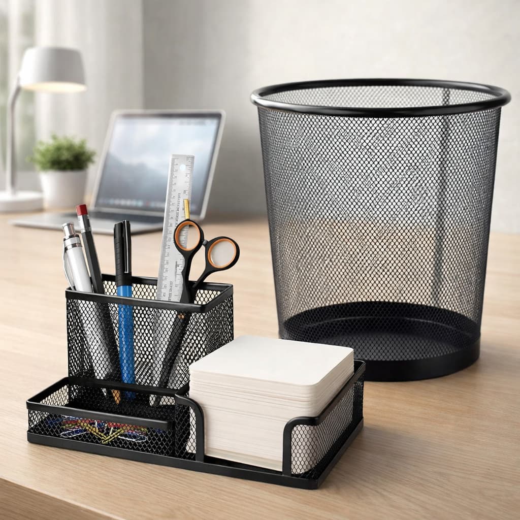 Kit Lixeira 10 Litros Escritório Metalizada Telada Com Porta Trecos Organizador de Mesa Metal
