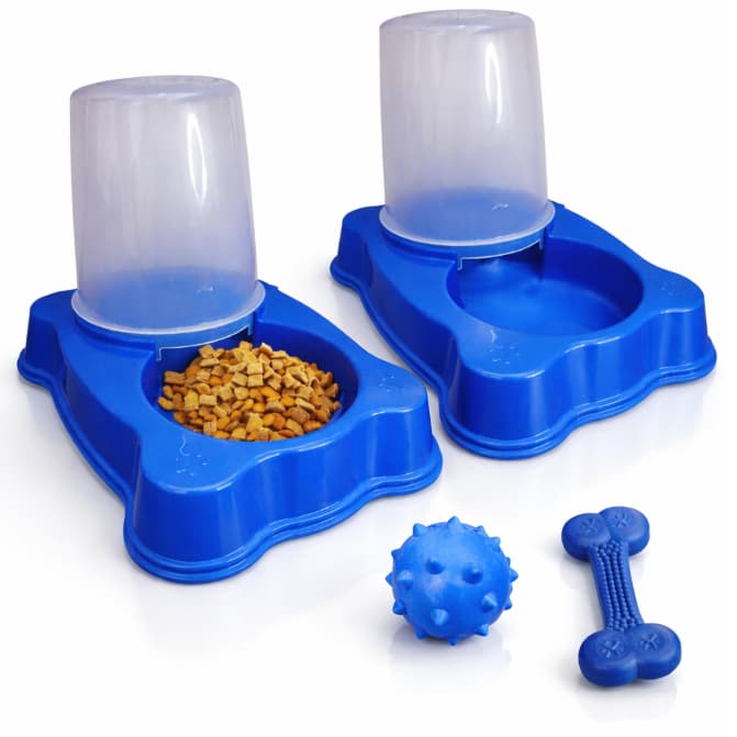 Kit Comedouro Bebedouro Cachorro Não Molha o Pelo com Kit Brinquedos Antiestresse Osso Bolinha Cravo