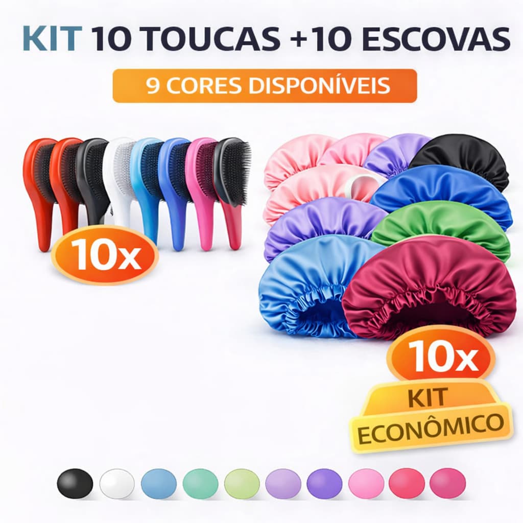 Kit 10 Toucas de Cetim + 10 Escovas Desembaraçadoras | Antifrizz