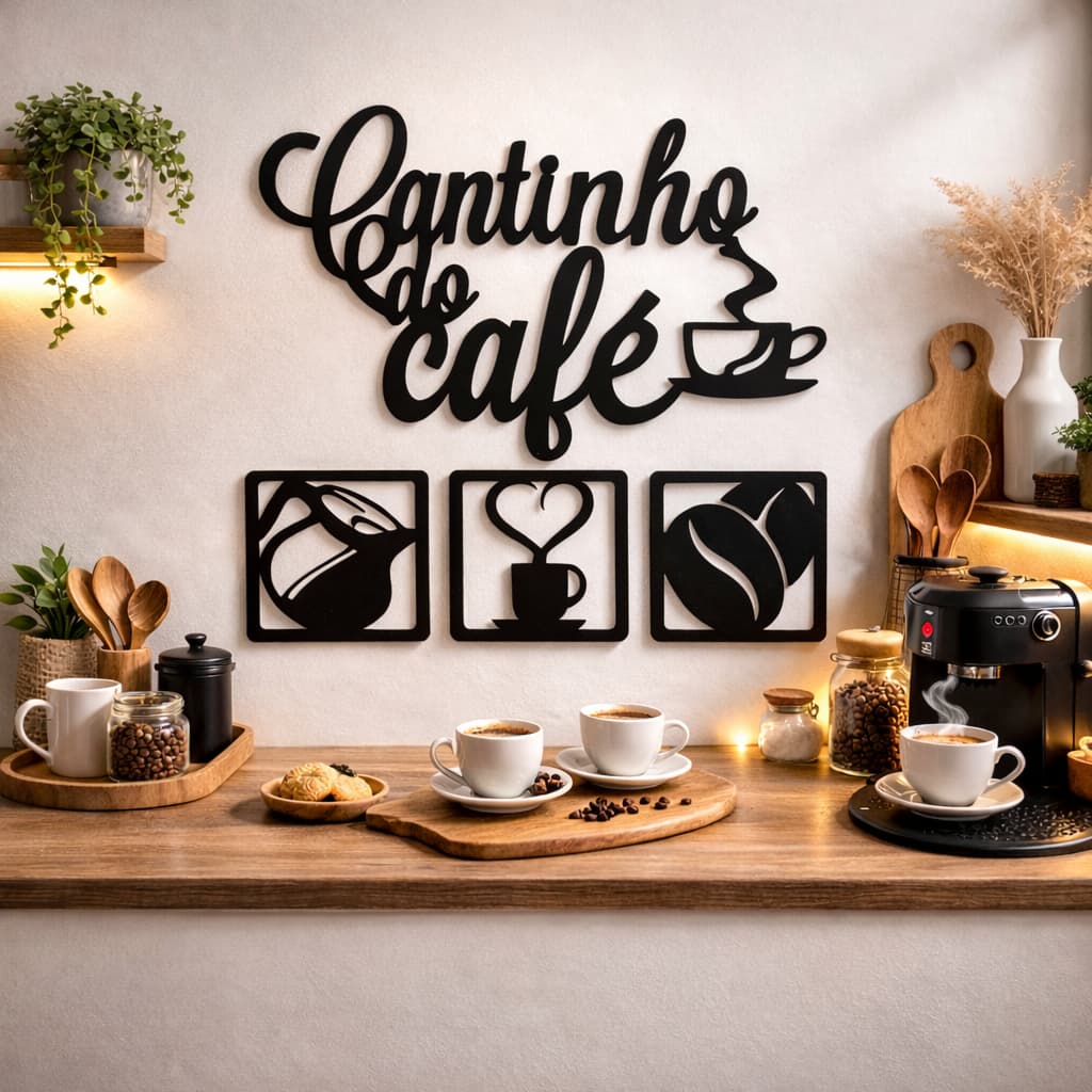 Cantinho do Café MDF Decorativo Parede 25x18cm + 3 Placas 10x10cm com Fita Dupla Face