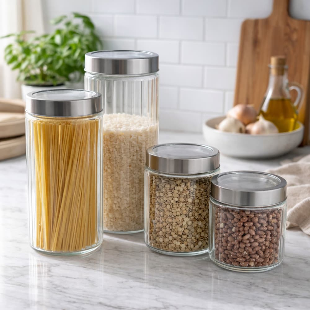 Potes de Vidro com Tampa Inox Hermética e Preta – Ideal para Grãos, Café e Alimentos