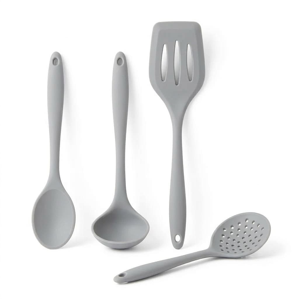 ECOs Kit Utensílios Cozinha Silicone 4 Peças Espátula Vazada Colher Concha Escumadeira Inteiriça Não Risca Panela