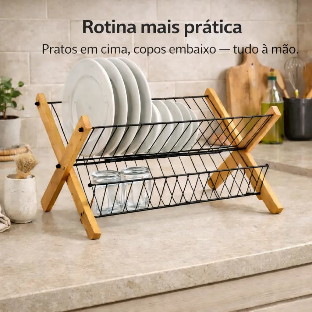 Escorredor De Louça Pia Pratos Copos Em Bambu Inox Dobrável