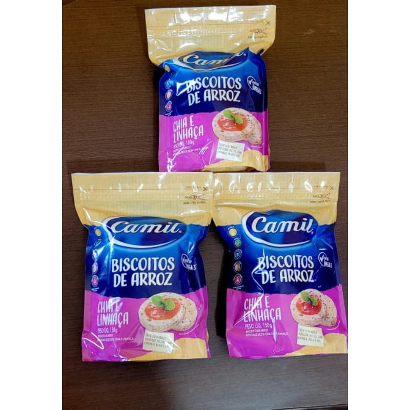 Biscoito de Arroz Integral Camil sem açúcar 3x150g (3 uni. CHIA E LINHAÇA) sem glúten.