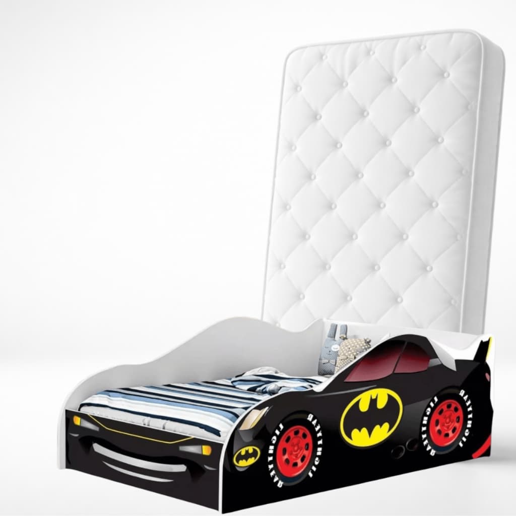 Cama Infantil Carro Batman Com Colchão Incluso Quarto Temático Divertido e Seguro Grade Proteção Juvenil Resistente