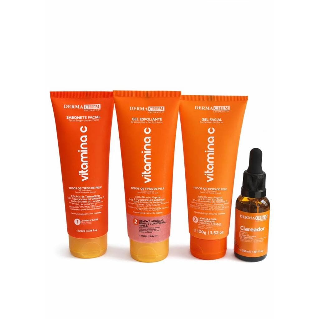 Kit Vitamina C Dermachem Skincare Limpeza de Pele Sérum Clareador Sabonete Esfoliante Gel Anti Idade