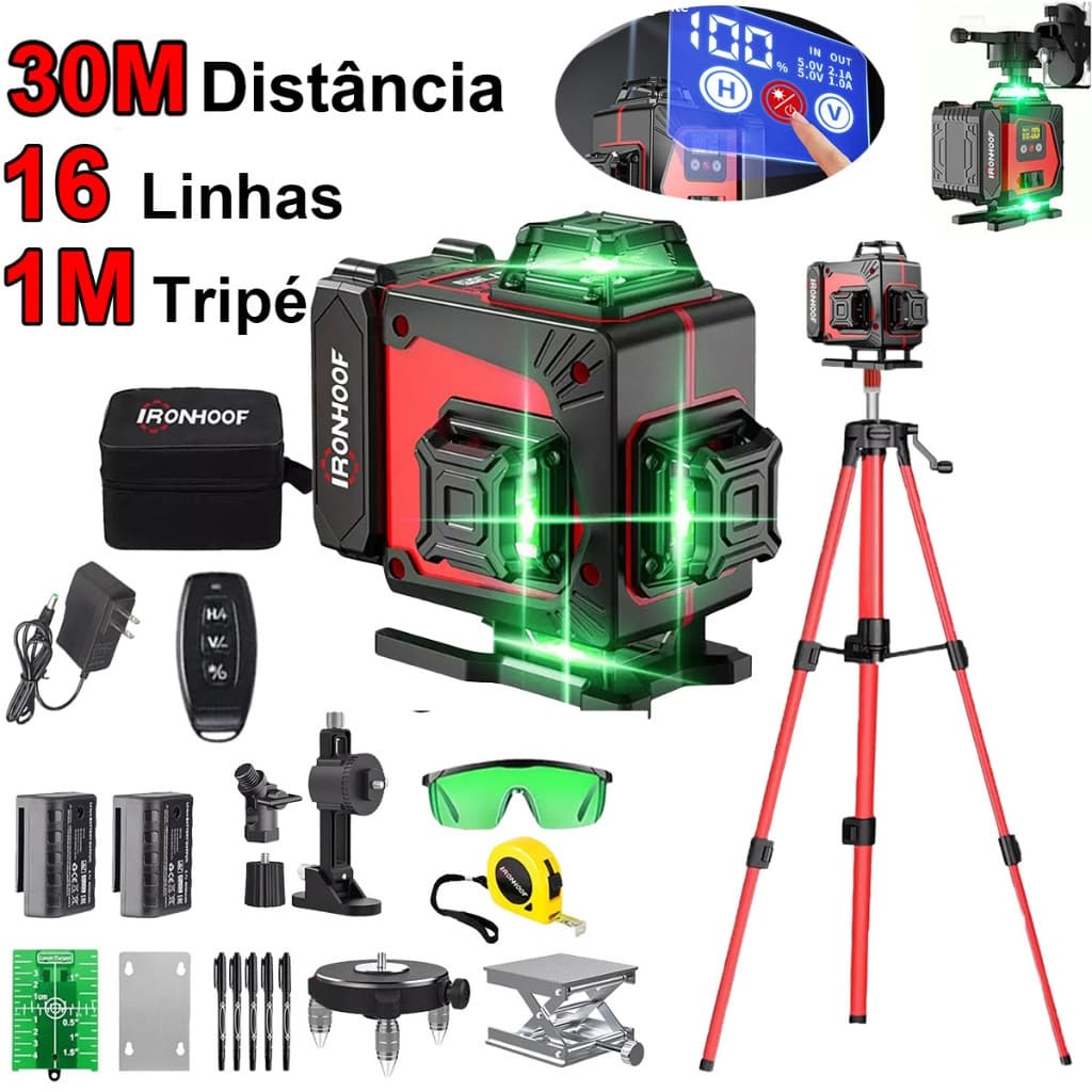 16/2 Linhas Nivel A Laser Com Tripé Profissional Verde 2 Bateria