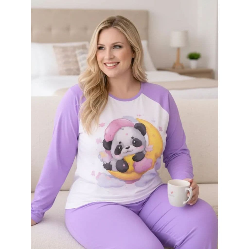 Pijama Plus Size Feminino Inverno Estampado de Frio Calça e Manga Longa Feminino Gabi