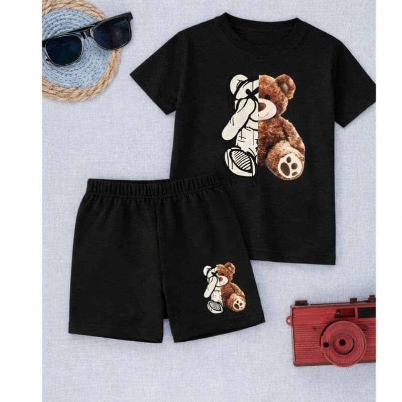 Conjunto de moda de verão para meninos estampados x no urso camiseta manga curta + bermuda casual perfeito ar ao livre