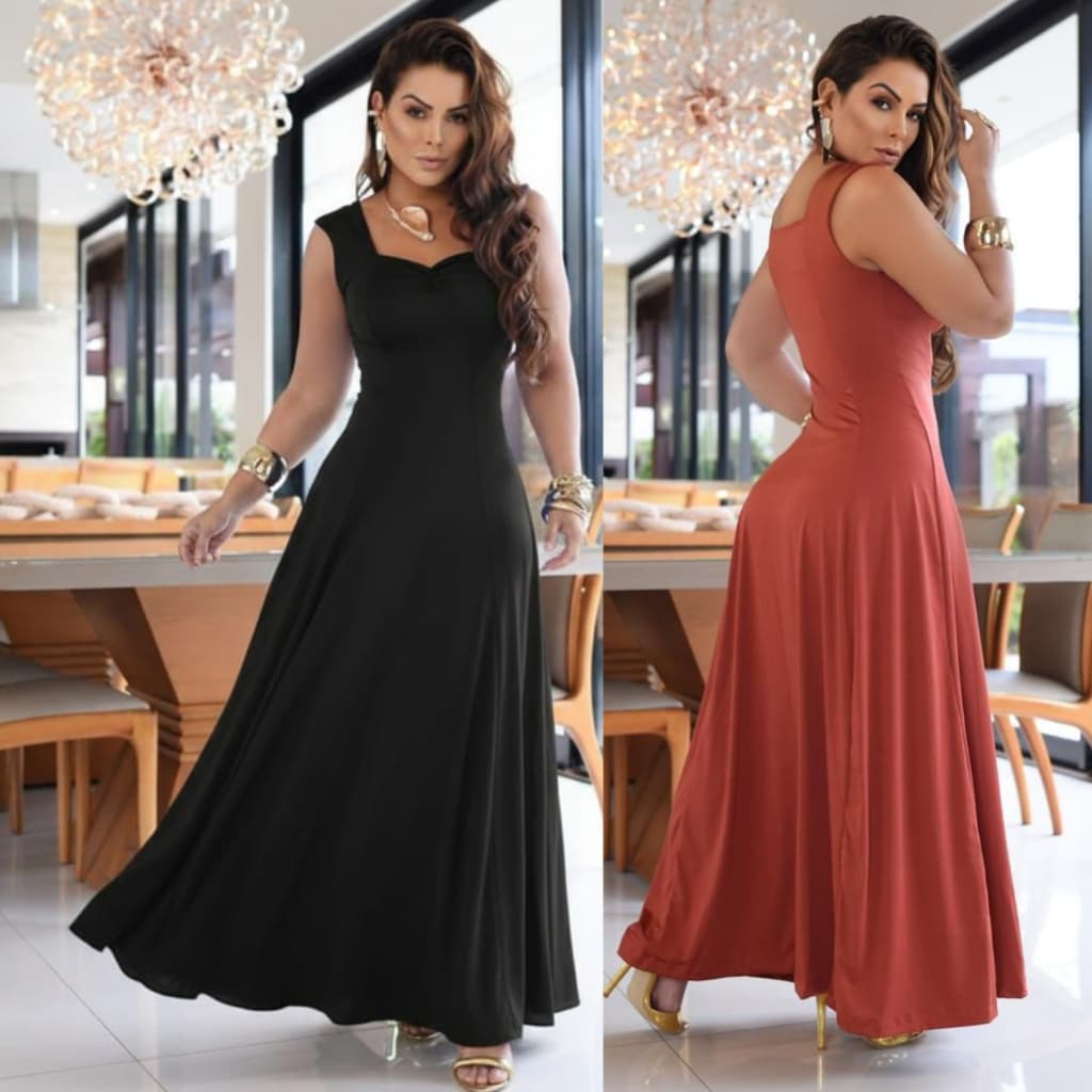 Kit 2 Vestidos Longo Feminino Elegante Festa Cintura Marcada Rodado Moda 2026
