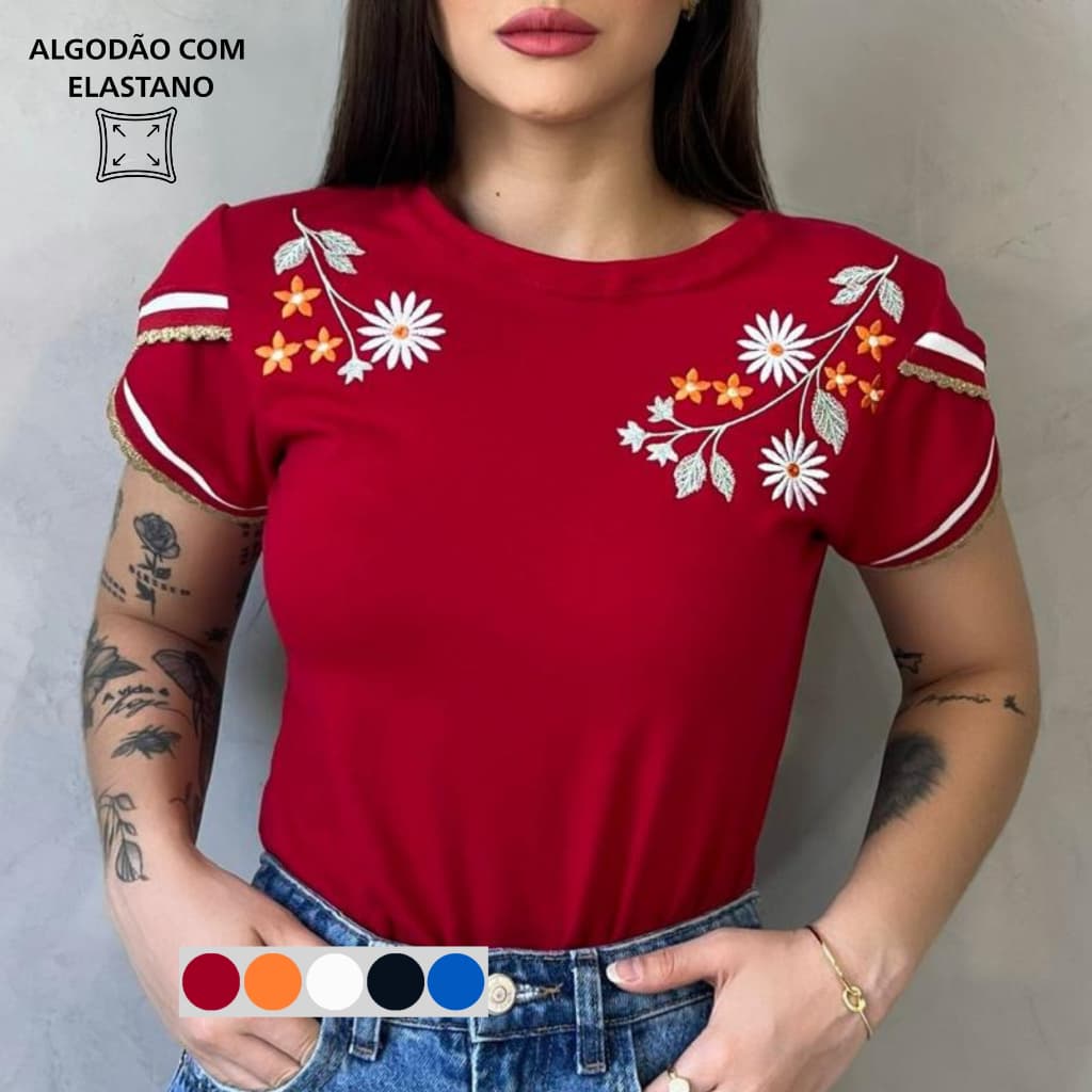 Blusa T-Shirt Feminina Luxo Bordada Algodão Premium Elegante